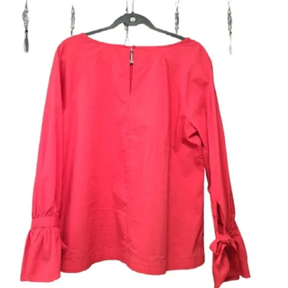 Elegant Red Long Sleeve Blouse with Bow Tie Accent on Wrists Professional Wear - Picture 5 of 5